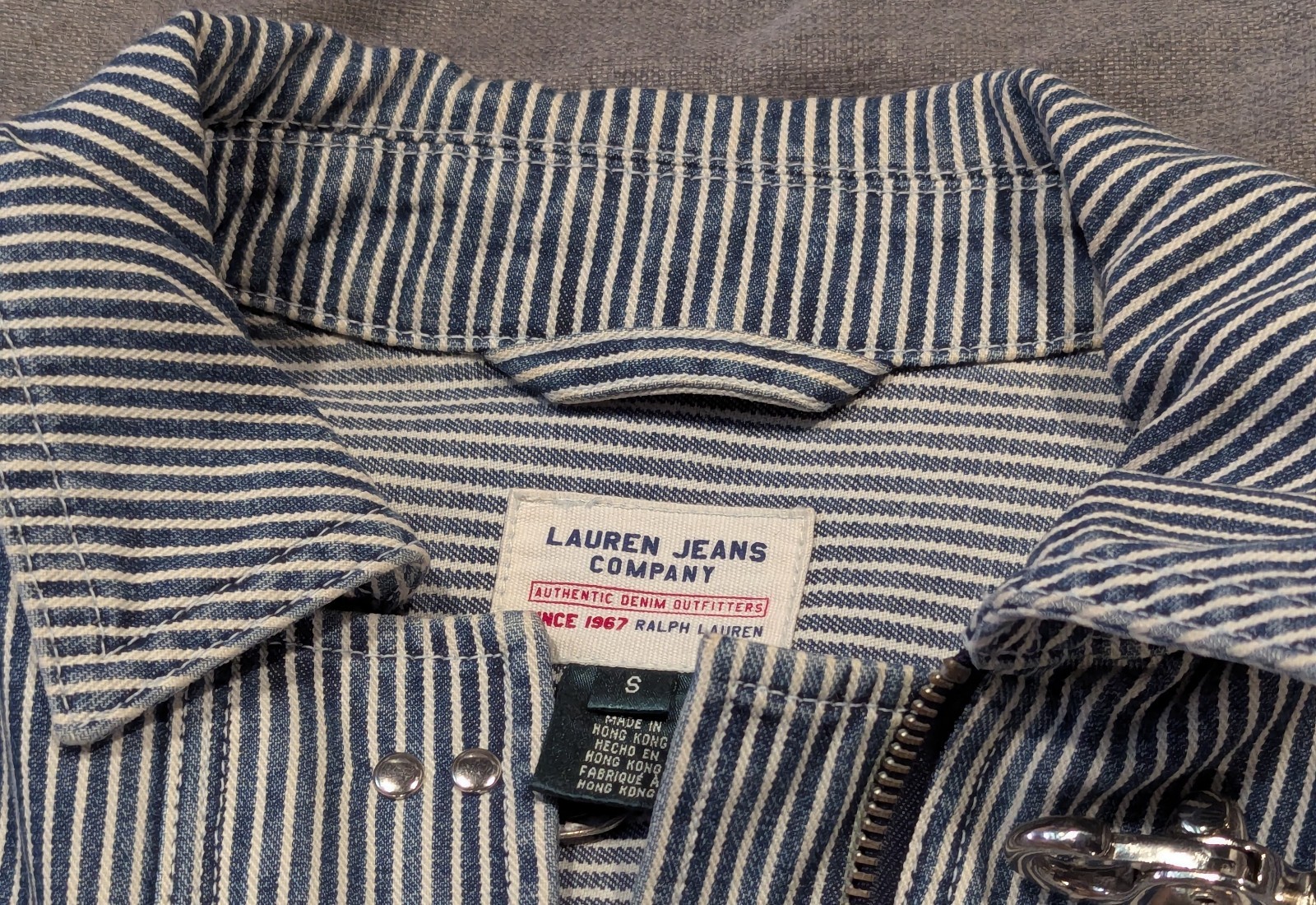Vintage Ralph Lauren Hickory Stripe Denim Fireman Jacket Chore Coat Small VTG