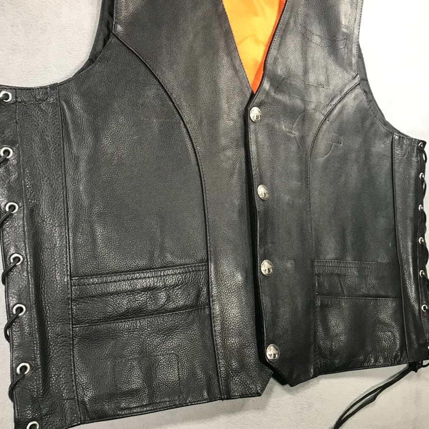 Milwaukee Biker Vest Men’s 48 Black Leather Lace Up Fringe Sides Motorcycle *