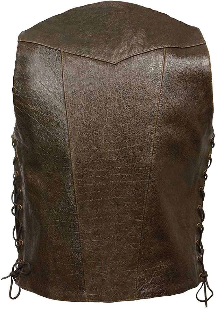 MEN’S RETRO BROWN 10 POCKET SIDE LACE MOTORCYCLE BIKER LEATHER VEST – SAMX