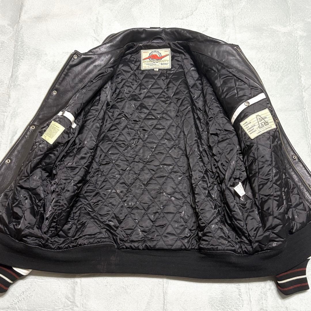 AVIREX XL Leather Varsity Jacket Black White Genuine Leather Cleaned F/S