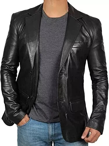 Mens Real Genuine Lambskin Handcraft Black Leather Blazer Soft Two Buttons Coat.