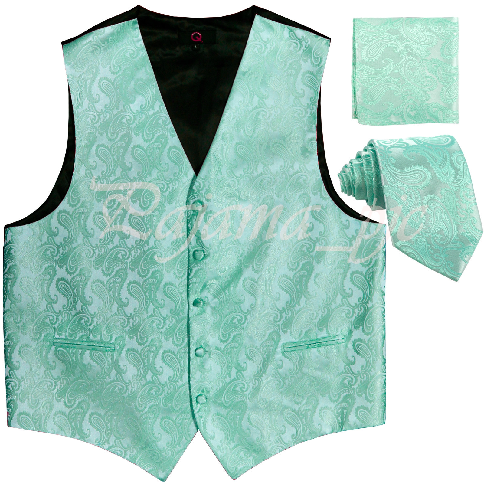 20HH Aqua Green XS to 6XL Paisley Dress Vest Waistcoat & Neck tie Hanky Men’s