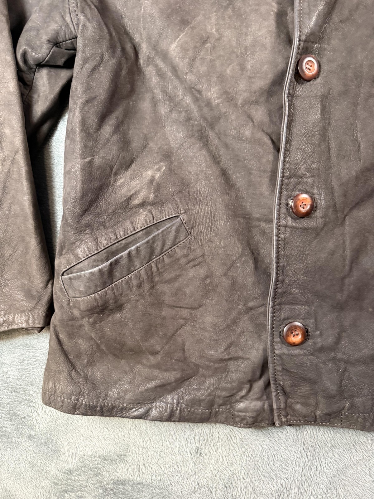 USED Leather Coat Mens 54 Brown Belted Button Front Quilted Overcoat Made Italy