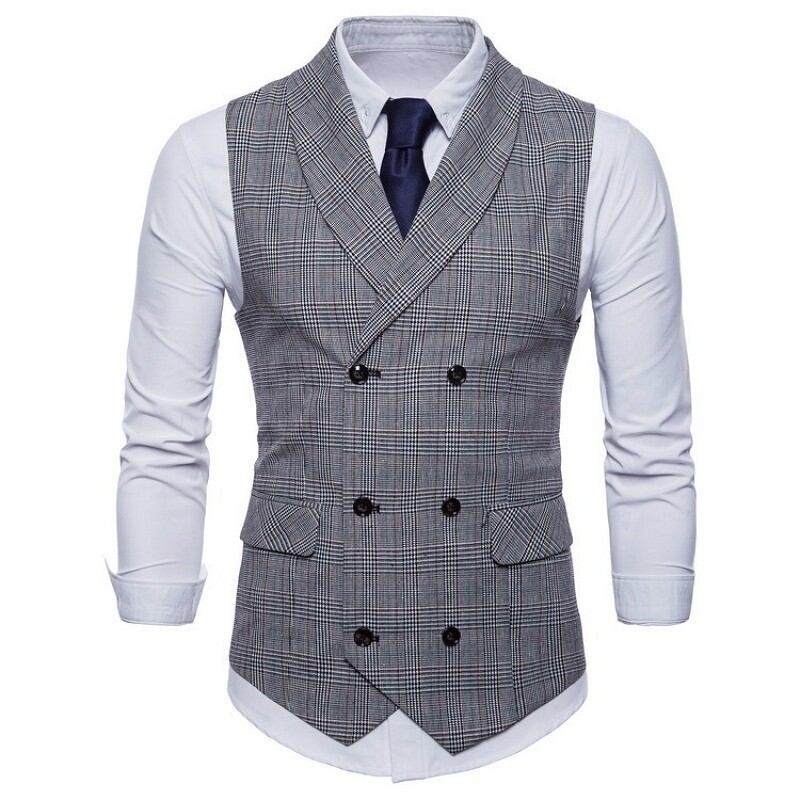Men’s Suit Vest Jacket Double Breasted Check Slim Formal Waistcoat Top Classic