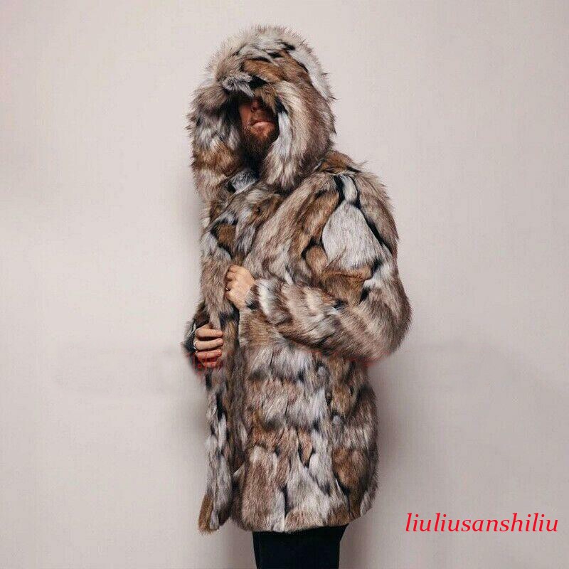 Mens Winter Faux Fox Fur Jacket Hooded Warm Mid-long Length Coat Party Outwear
