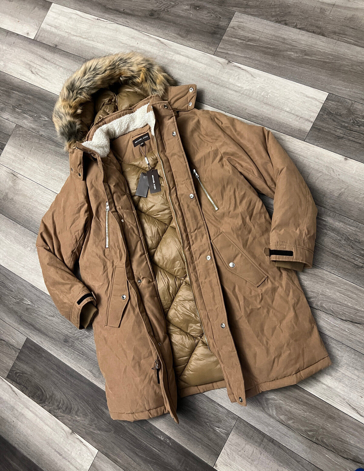 Michael Kors Mens Faux Fur Trim Hooded Parka Coat Jacket Dark Camel Brown XL