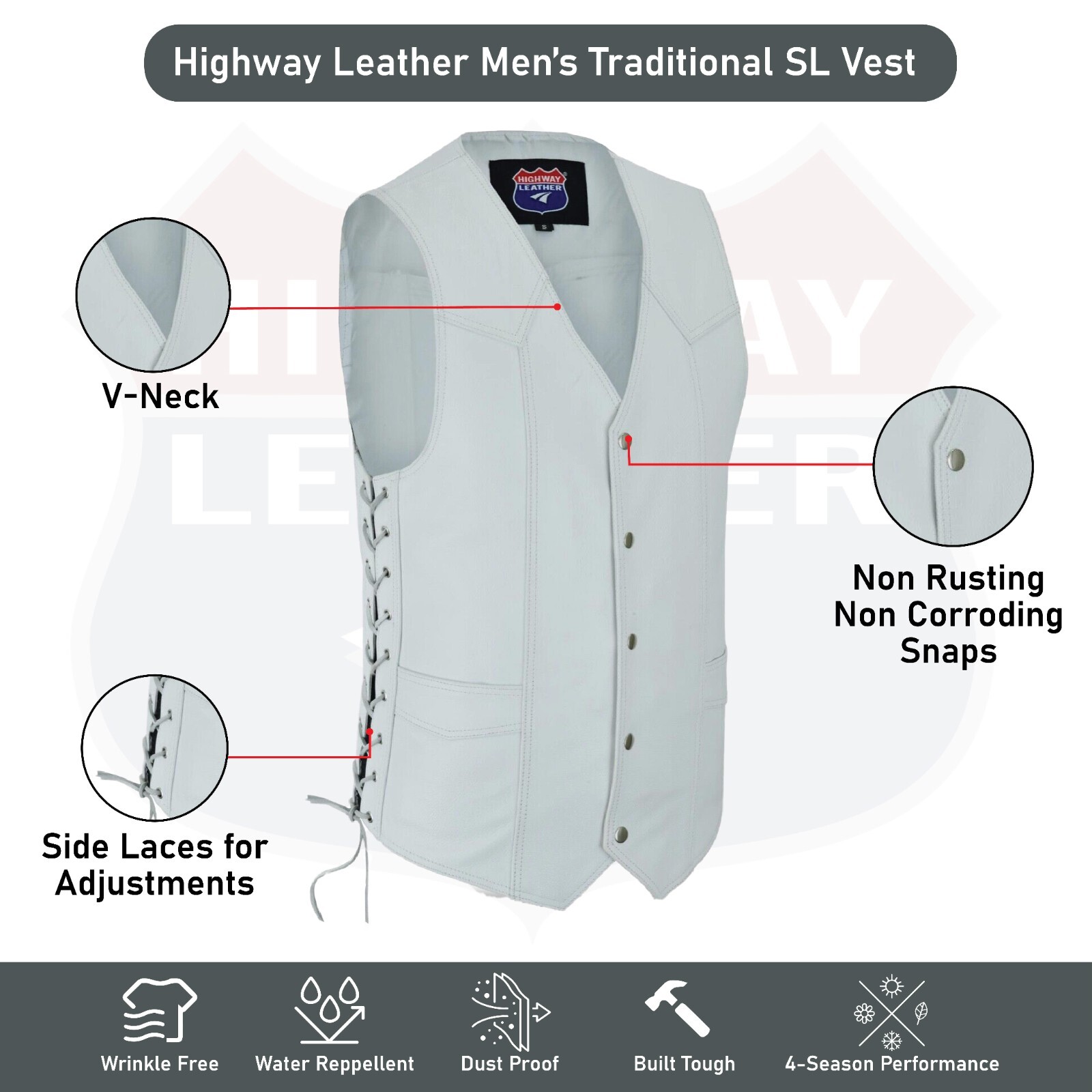 Men Motorcycle Leather Biker Vest Side Lace Pistol Pockets Patch HL11614 White