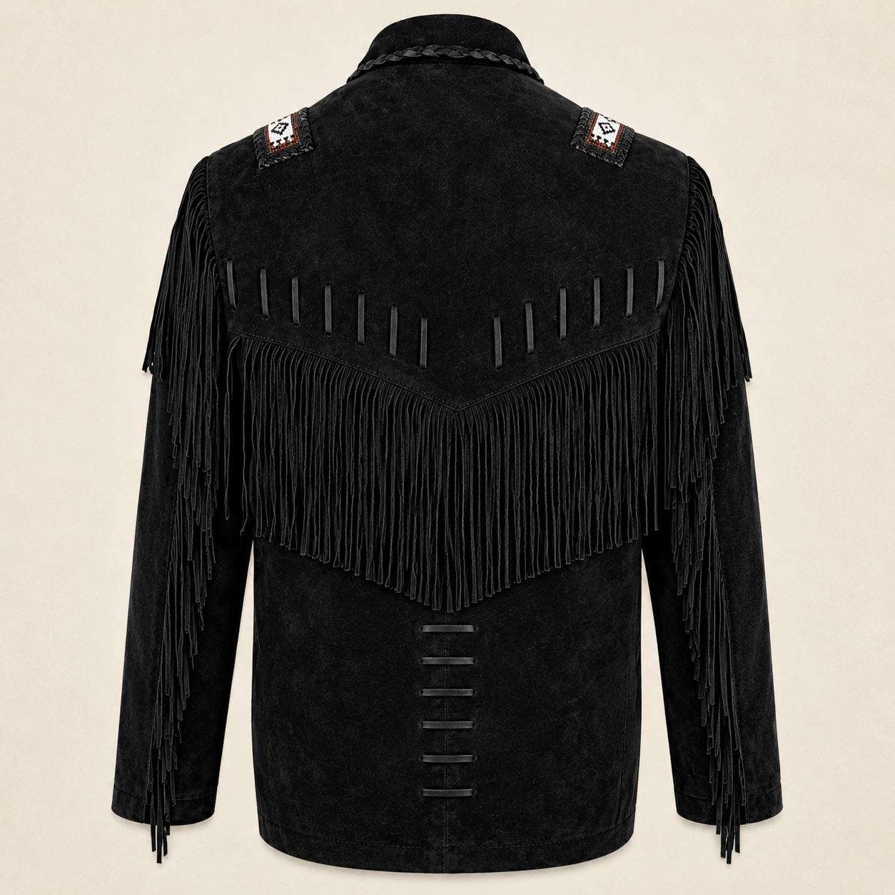 Men’s Western Cowboy Suede Fringe Jacket Native Style Beaded Black Leather Coat