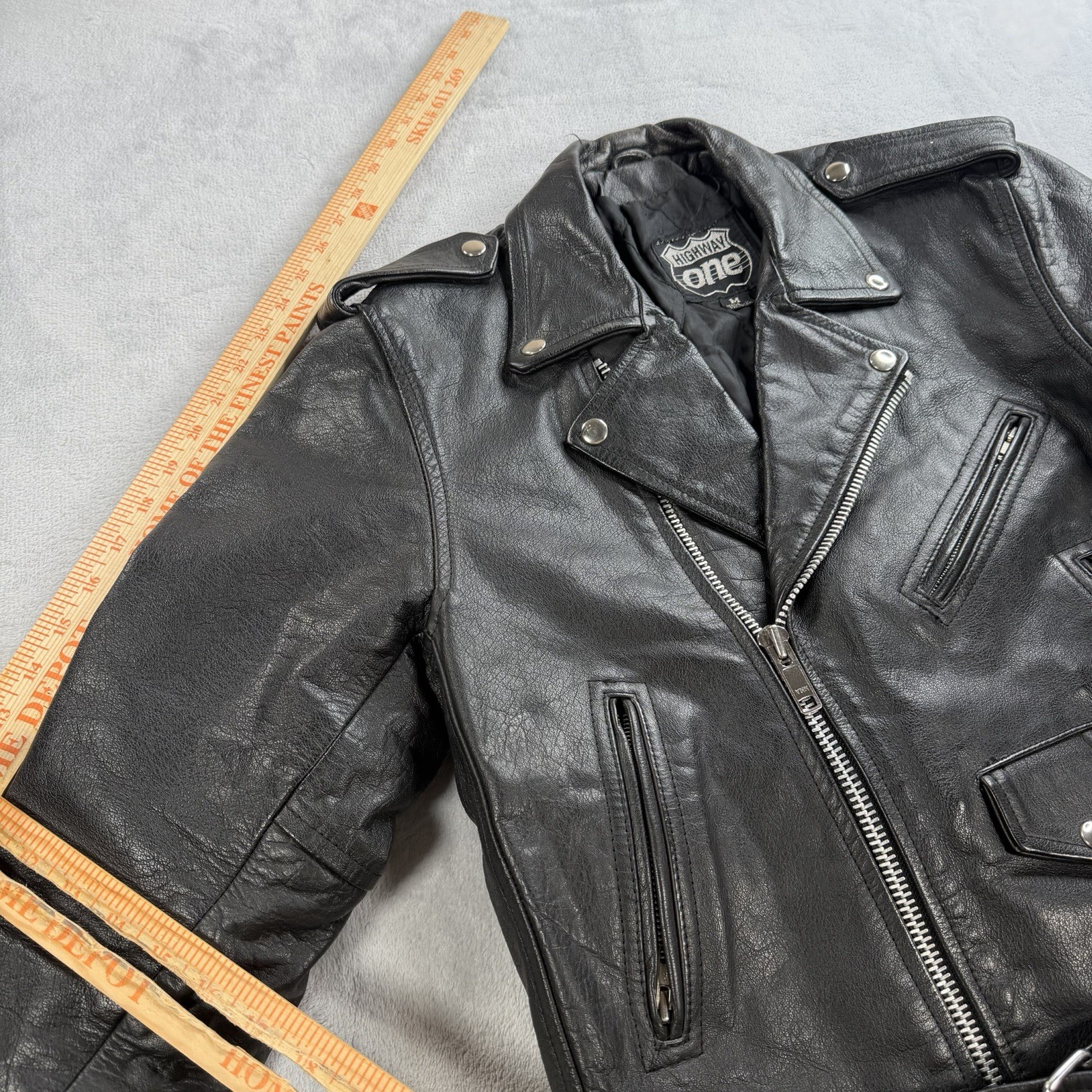 Highway One 100% Leather Motorcycle Jacket Mens M Black Belted Lace Up Moto YKK
