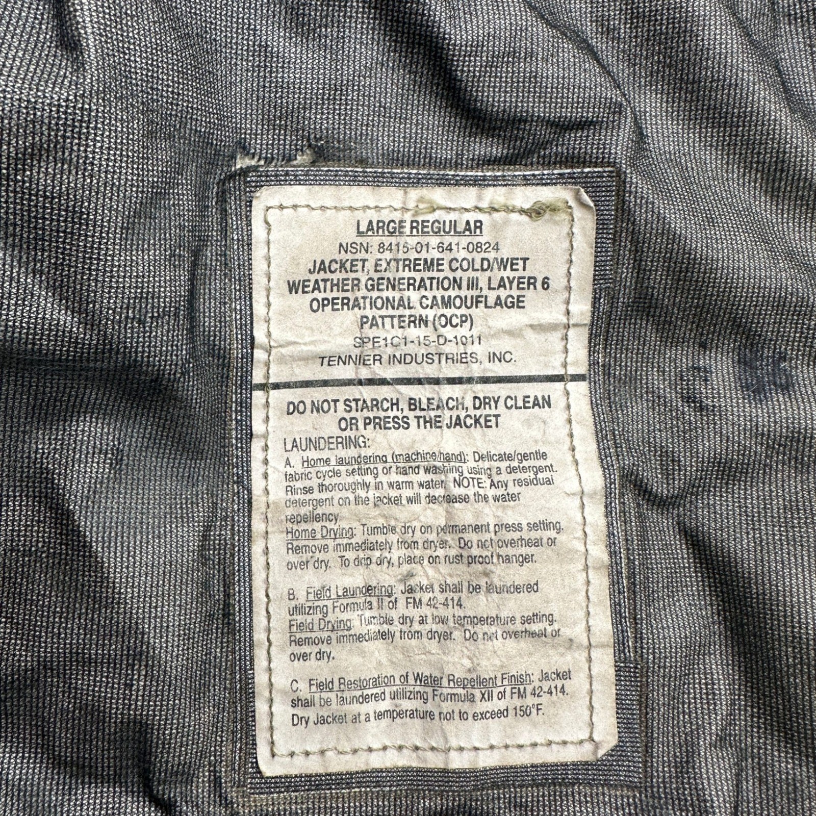 Tennier Industries Jacket Mens Large Regular Gen III Layer 6 OCP Camo US Army