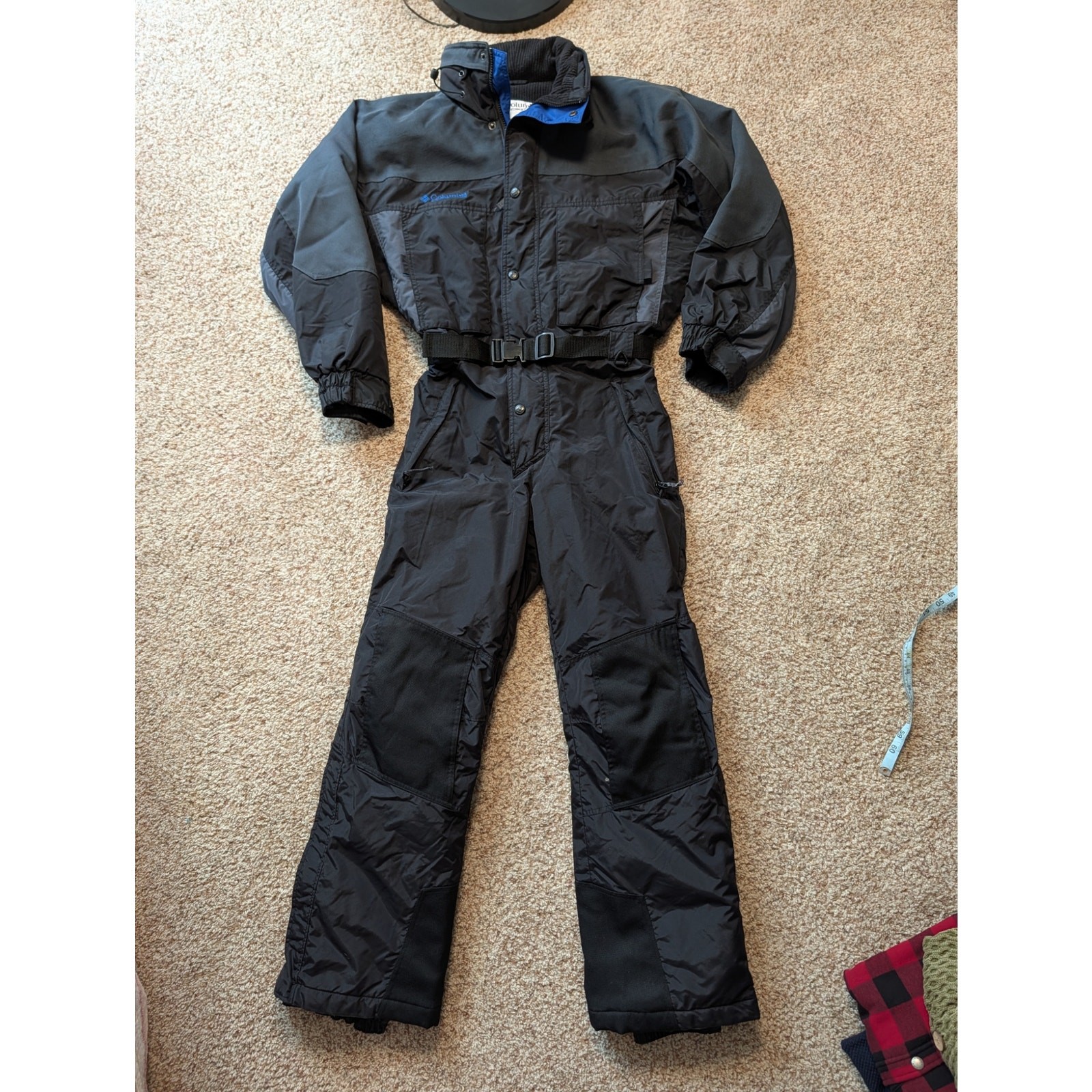 Columbia Vintage 1Pc Ski Suit Mens S Black Blue Trim Belted One Piece Snowsuit