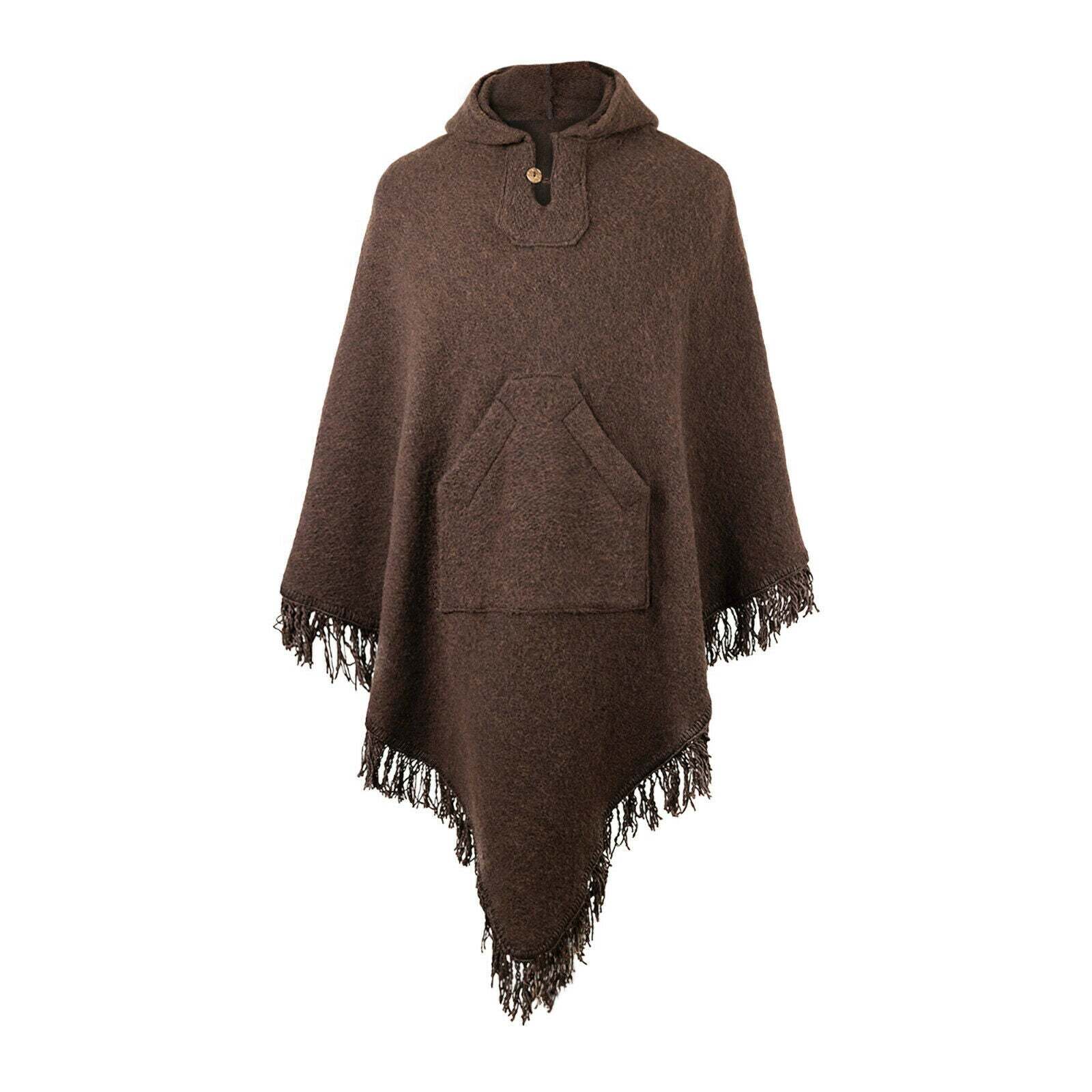 Surfers Poncho with hood and pocket llama wool ALL SEASONS UNISEX – BROWN