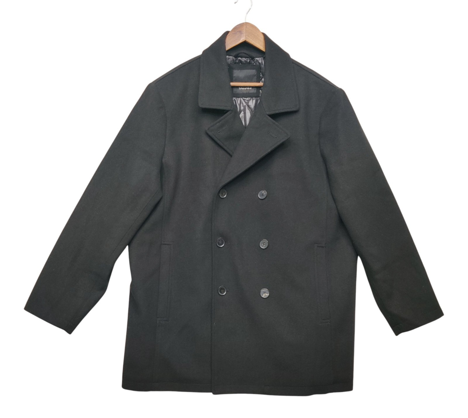 Tahari Peacoat Mens XL Black Wool Blend Business Notch Lapel Double Breasted