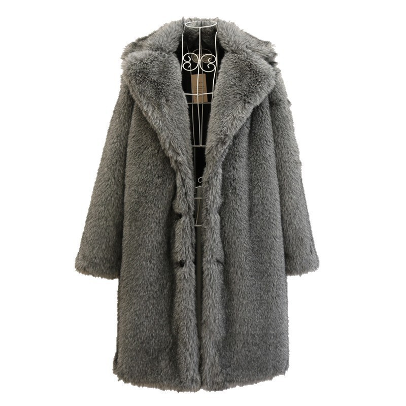 Mens Lapel Collar Mink Fur Mid Long Coats Faux Fur Overcoats 105cm Length Winter