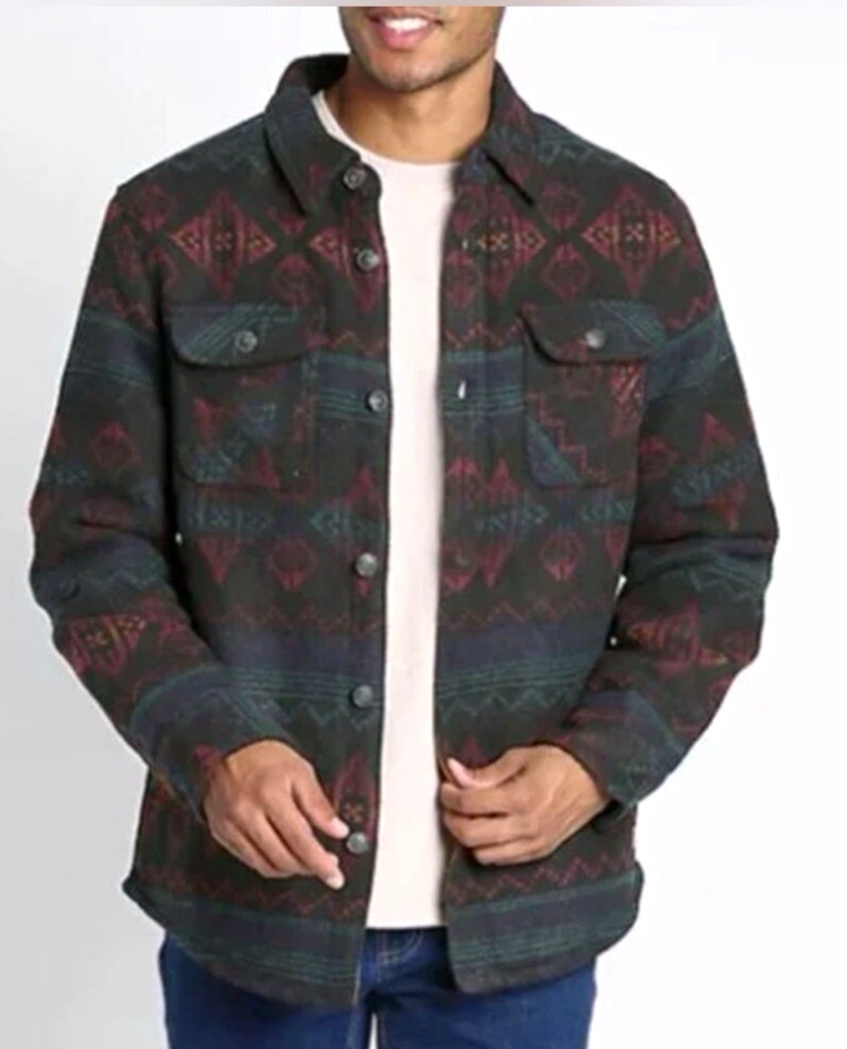 JACHS New York Men’s Aztec Sherpa Lined Wool Blend Shacket Spread Collar L