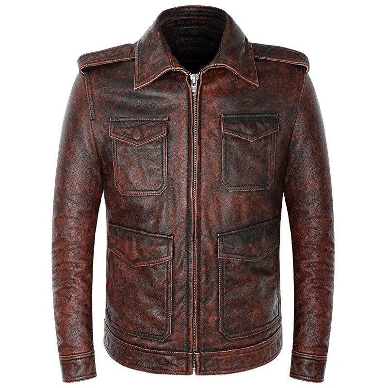 Men’s Brown Leather Jacket Distressed Motorcycle Biker Casual Zip Coat