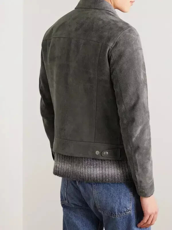 Men Dark Gray Leather Trucker Jacket Pure Suede Leather Size XS S M L XL 2XL 3XL