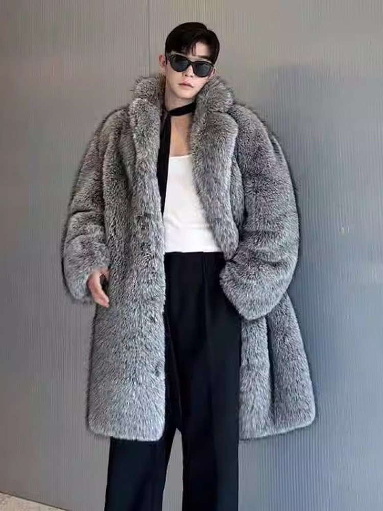 Mens Lapel Collar Mink Fur Mid Long Coats Faux Fur Overcoats 105cm Length Winter