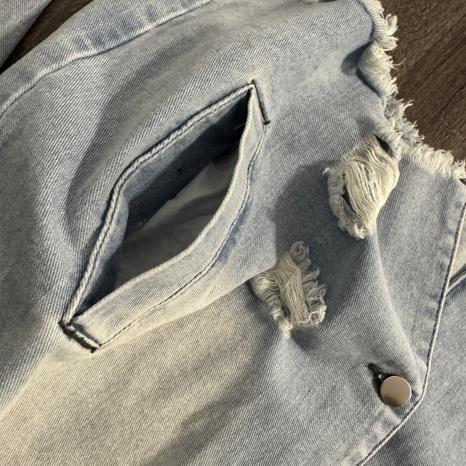 Mens Giovanco Casual Lapel Collar Single Breasted Ripped Denim Raw Trim Jacket S