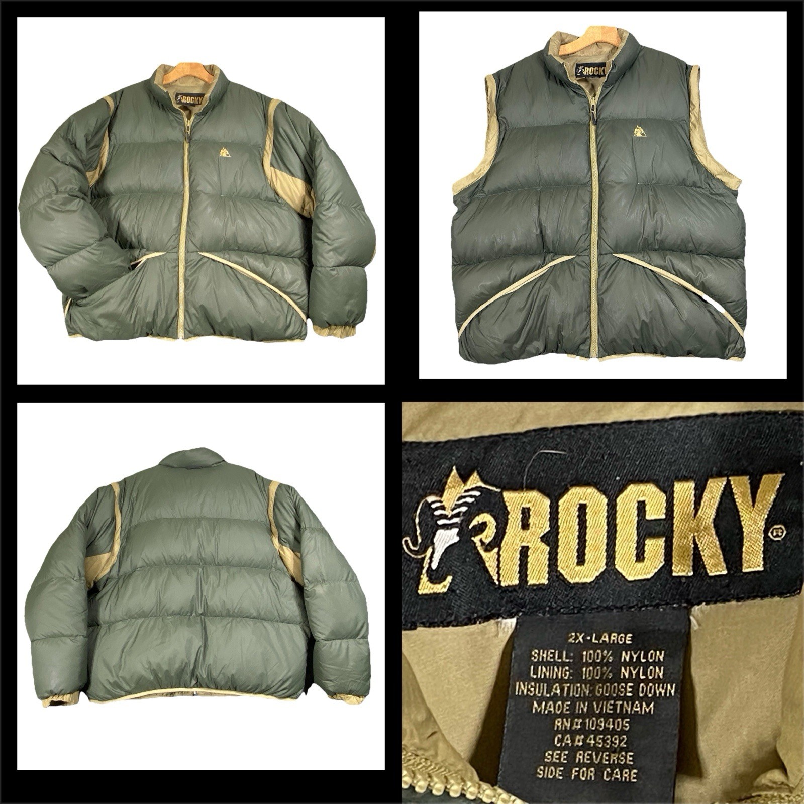 Rocky Down Puffer Jacket Convertible Vest Men’s 2XL Olive Green Tan Winter Hunt
