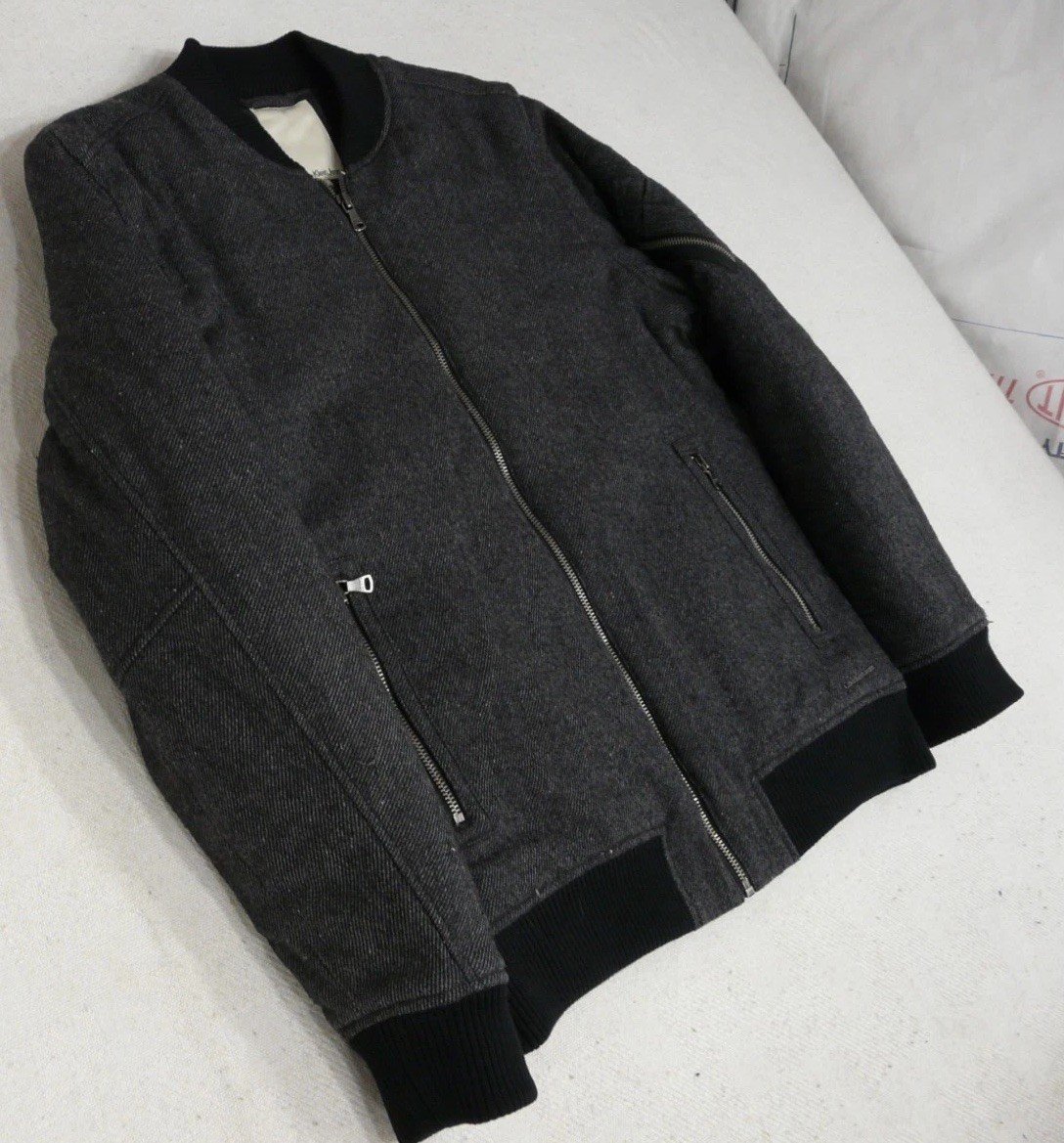 Calvin Klein Bomber Jacket Mens M Charcoal Gray Zip Pockets Ribbed Heavyweight