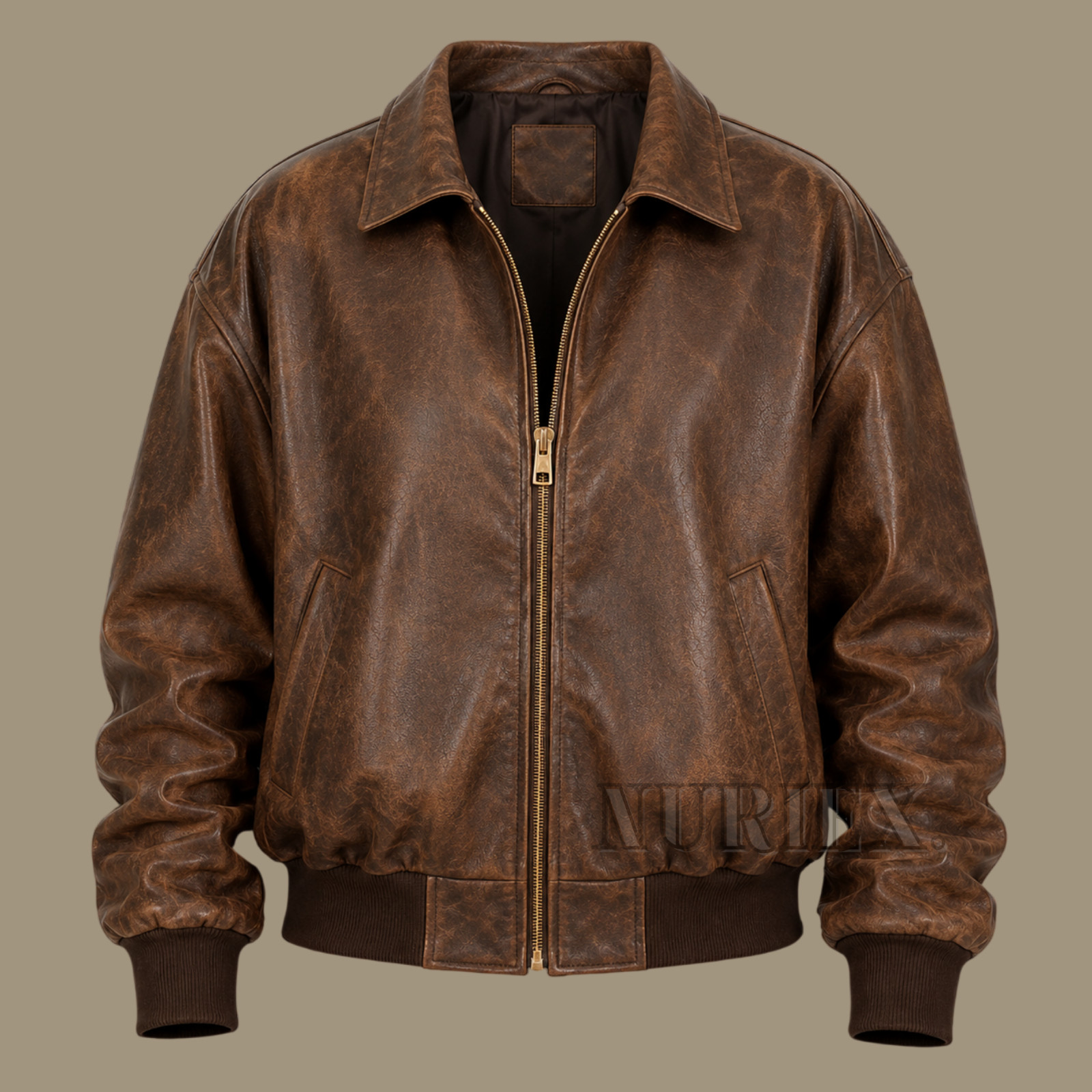Men’s Brown Oversized Leather Bomber Jacket – Baggy Style Washed Outerwear Coat