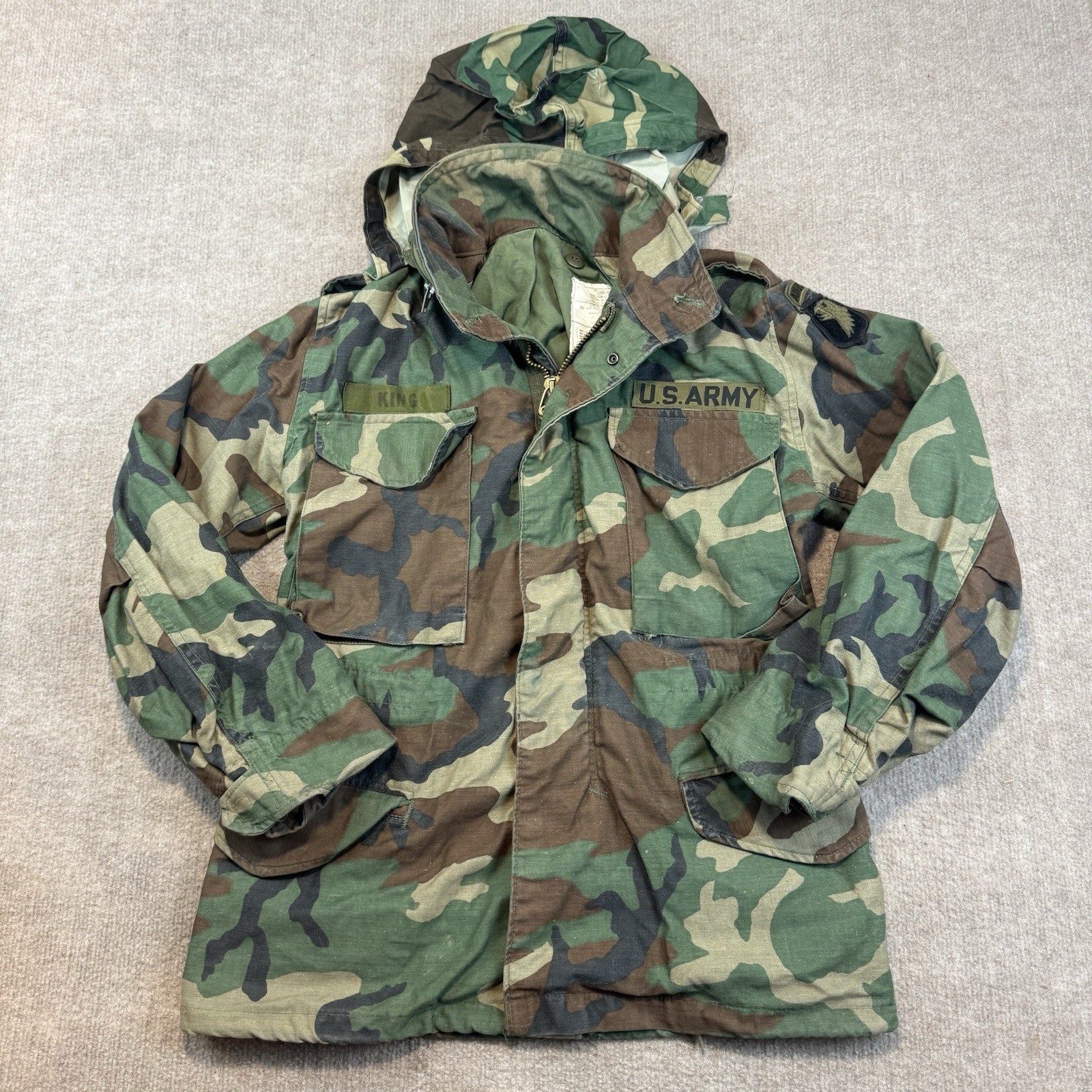 Vintage 80s US Army M65 Field Jacket Mens XS Short Camo Military Airborne Named