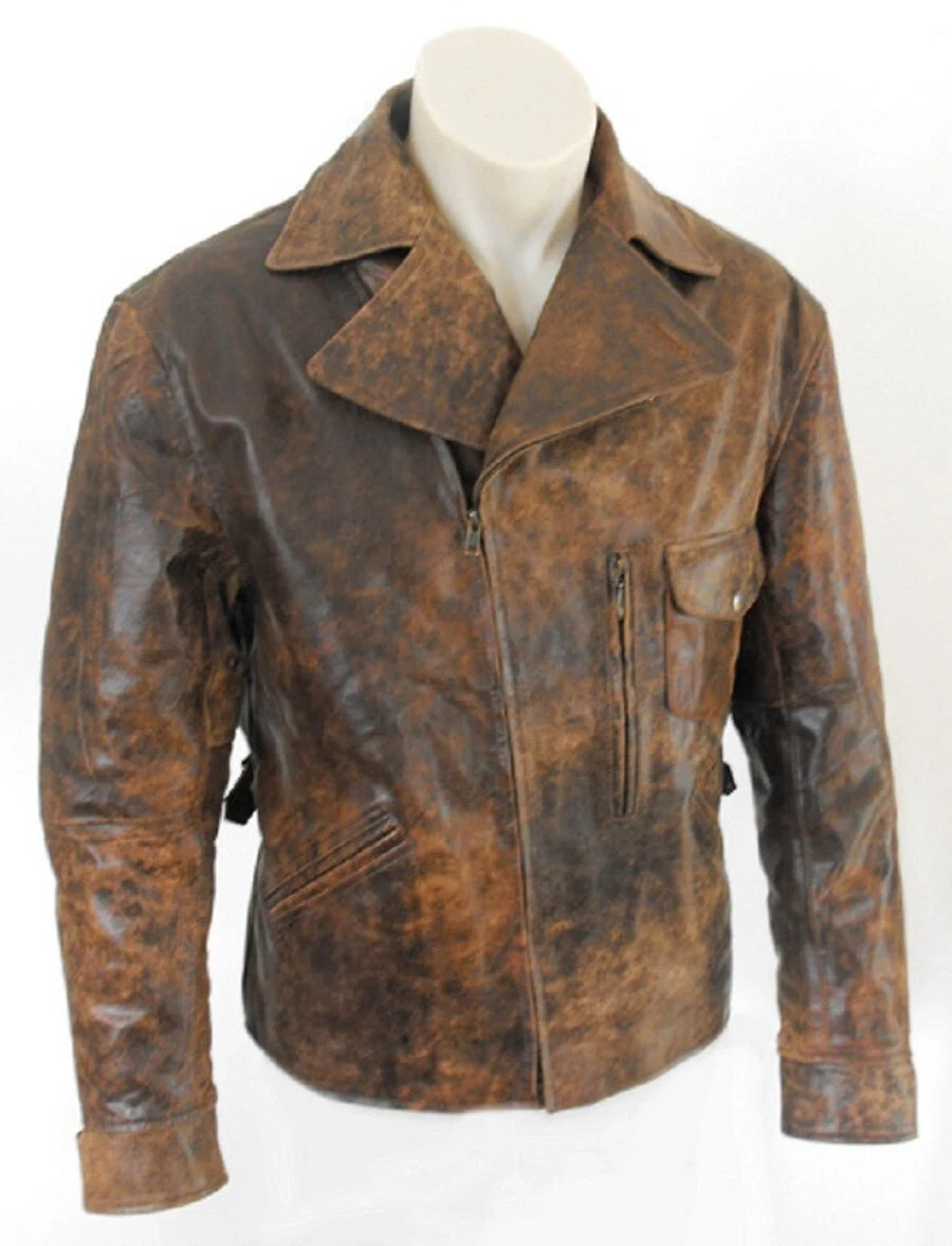 Men’s Retro Vintage Distressed Brown Biker Leather Jacket Coat S M L XL 2XL 3XL
