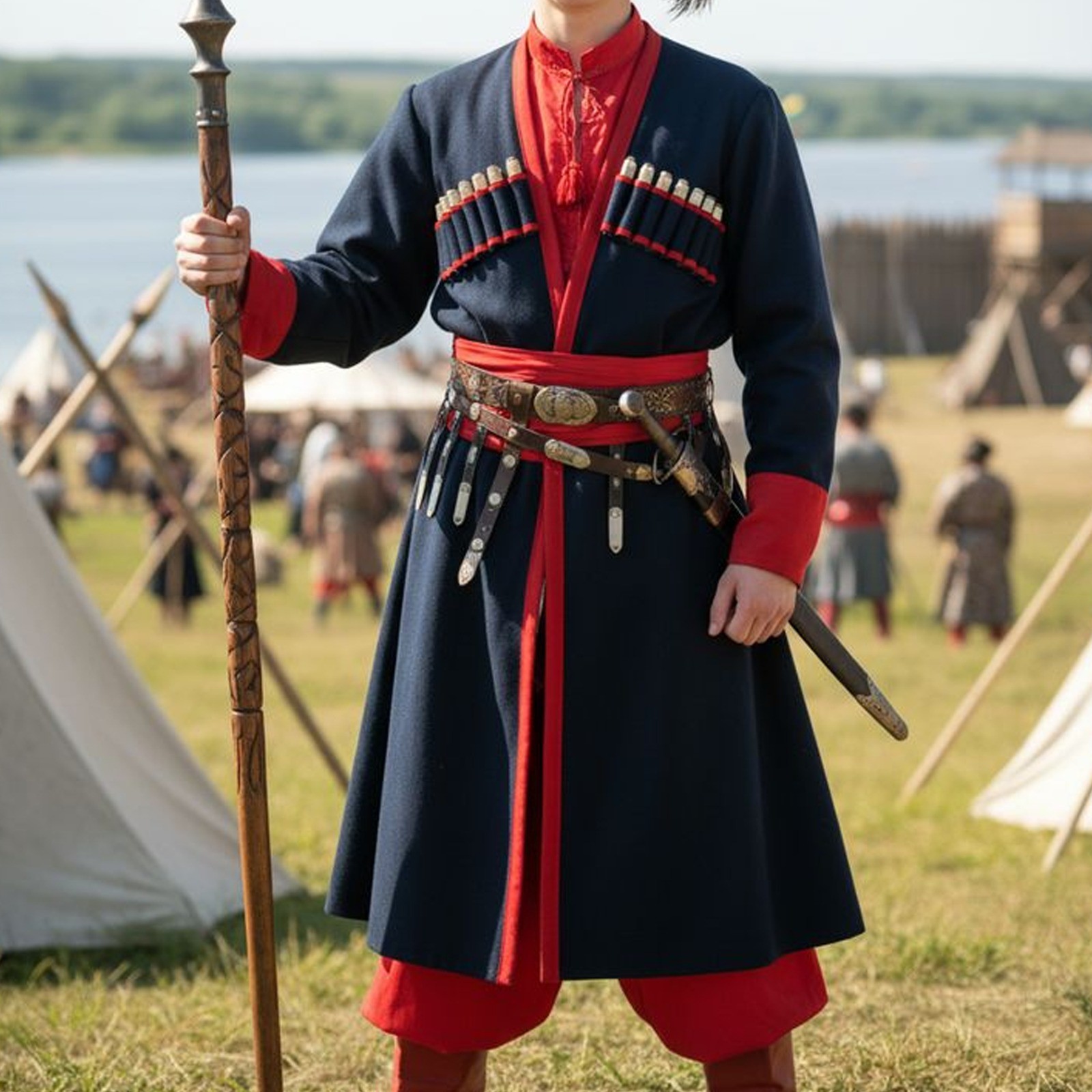 Traditional Cossack Chukka Coat – Navy Blue Wool Cossack National Costume, Histo