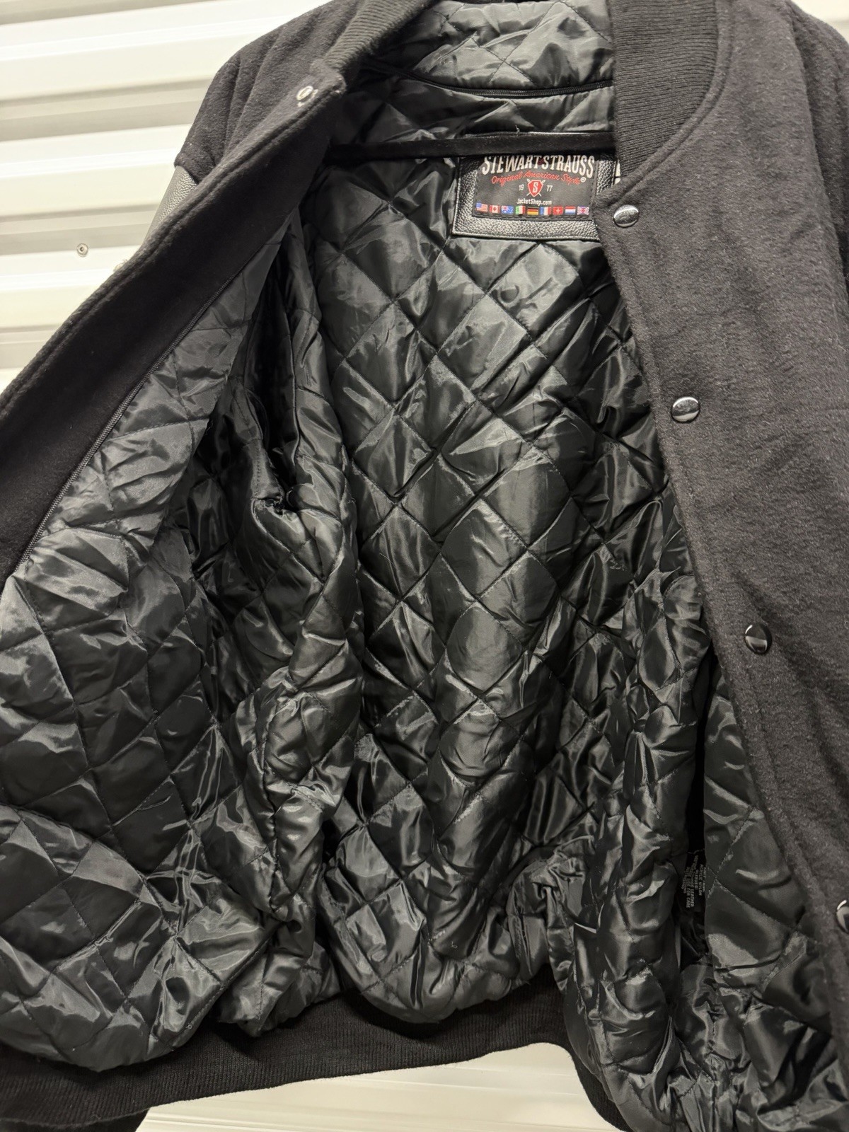 Stewart & Strauss Black Wool Cowhide Leather Sleeves Varsity Jacket Mens XL $279