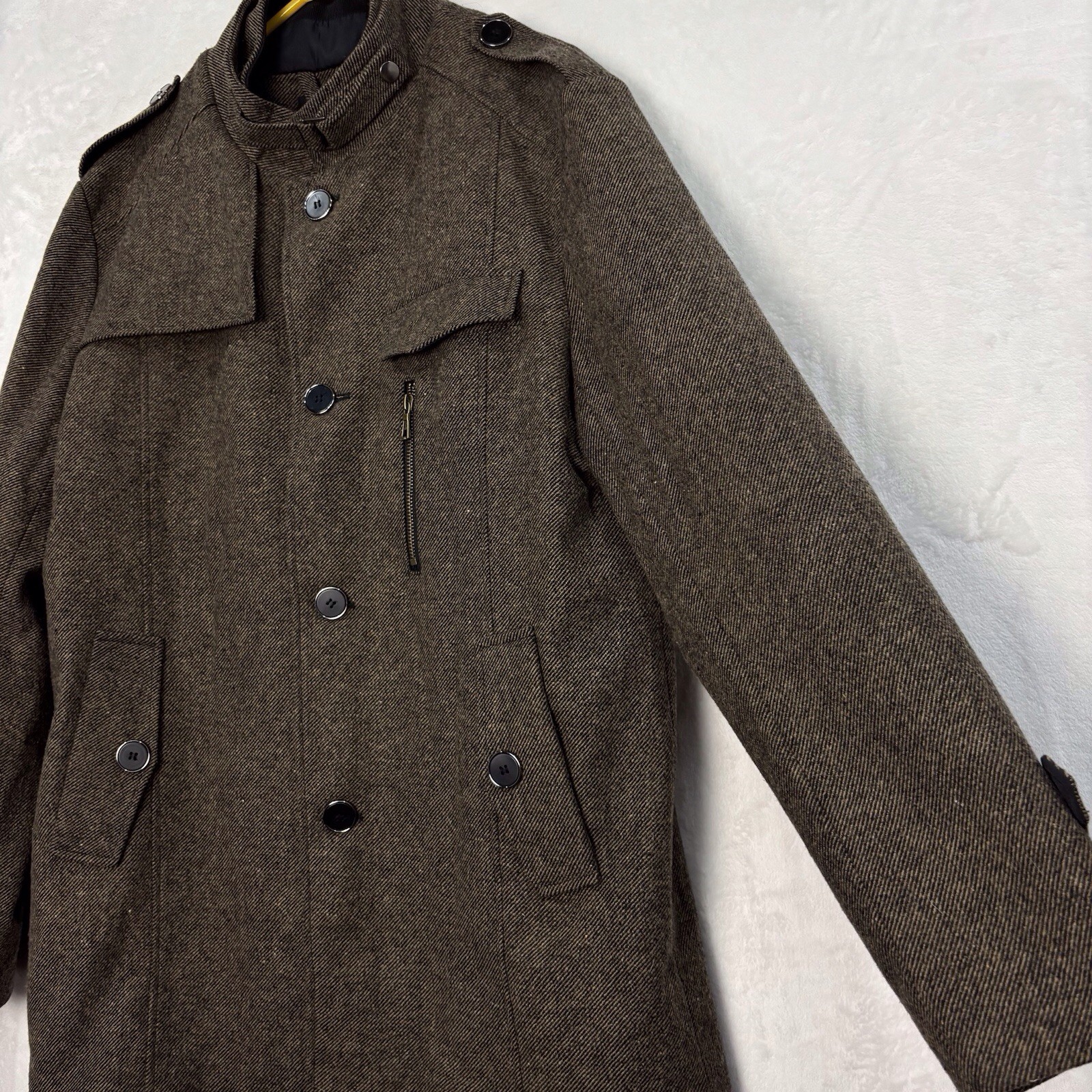 Wantdo Wool Blend Pea Coat Jacket Trench Coat Men L Herringbone Tweed Brown NEW