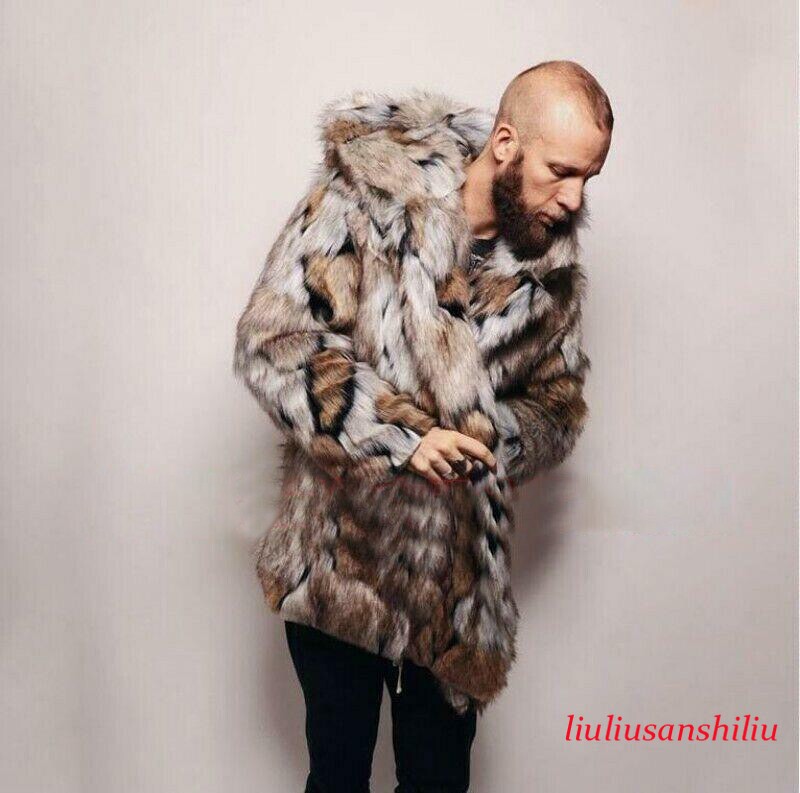 Mens Winter Faux Fox Fur Jacket Hooded Warm Mid-long Length Coat Party Outwear