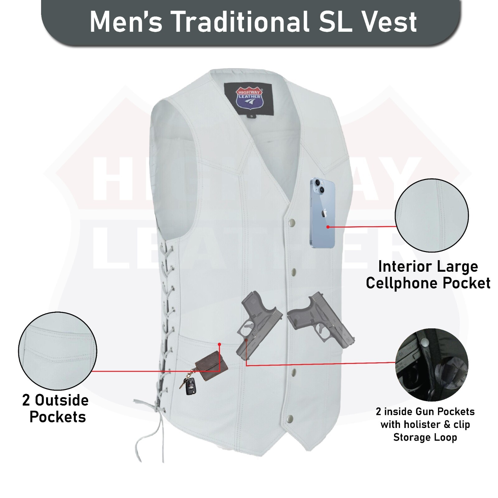 Men Motorcycle Leather Biker Vest Side Lace Pistol Pockets Patch HL11614 White