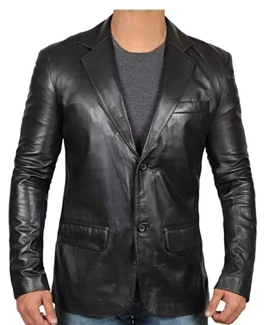 Mens Real Genuine Lambskin Handcraft Black Leather Blazer Soft Two Buttons Coat.