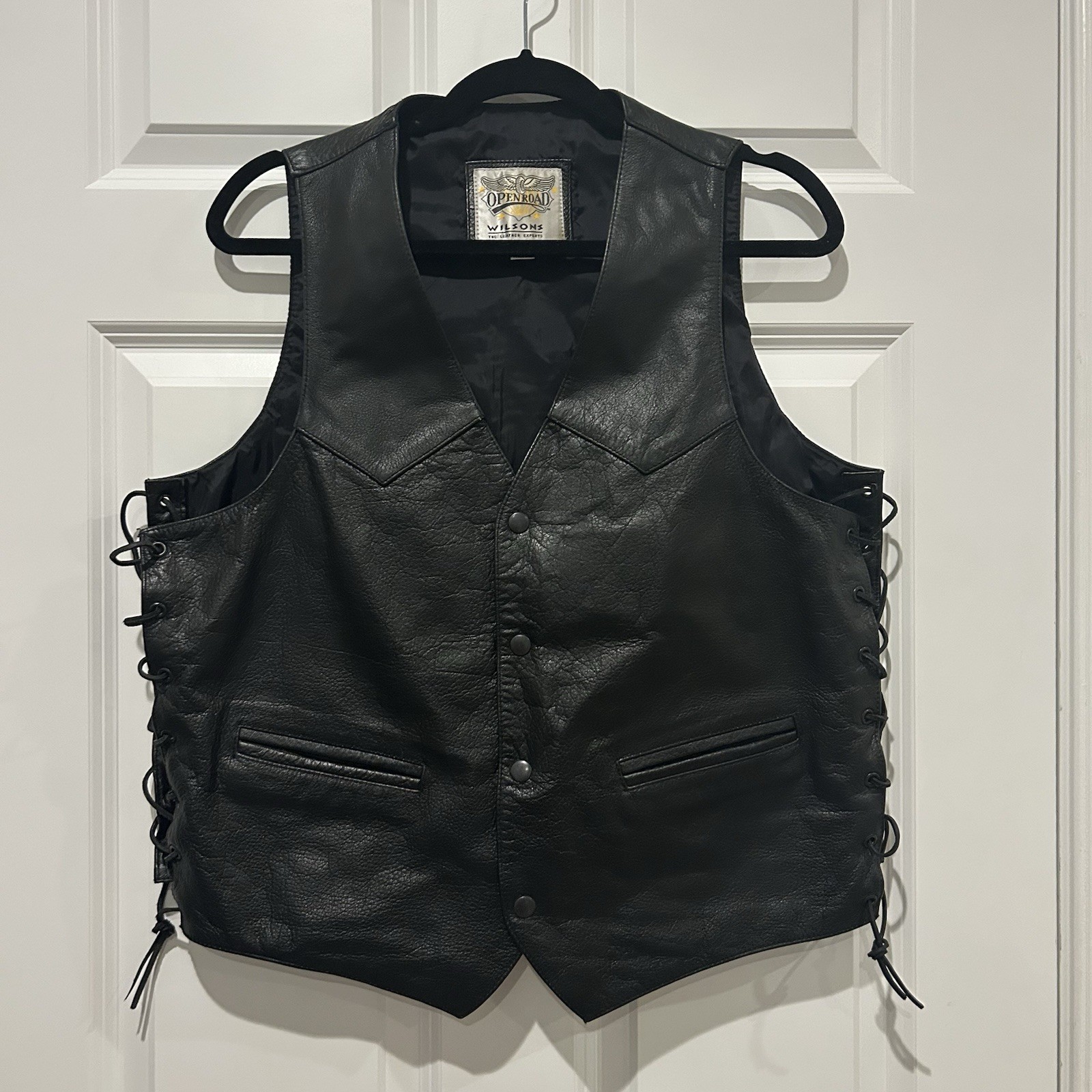 Vintage Wilson’s Leather Open Road Black Vest Men’s Large Eagle Side Lace Up