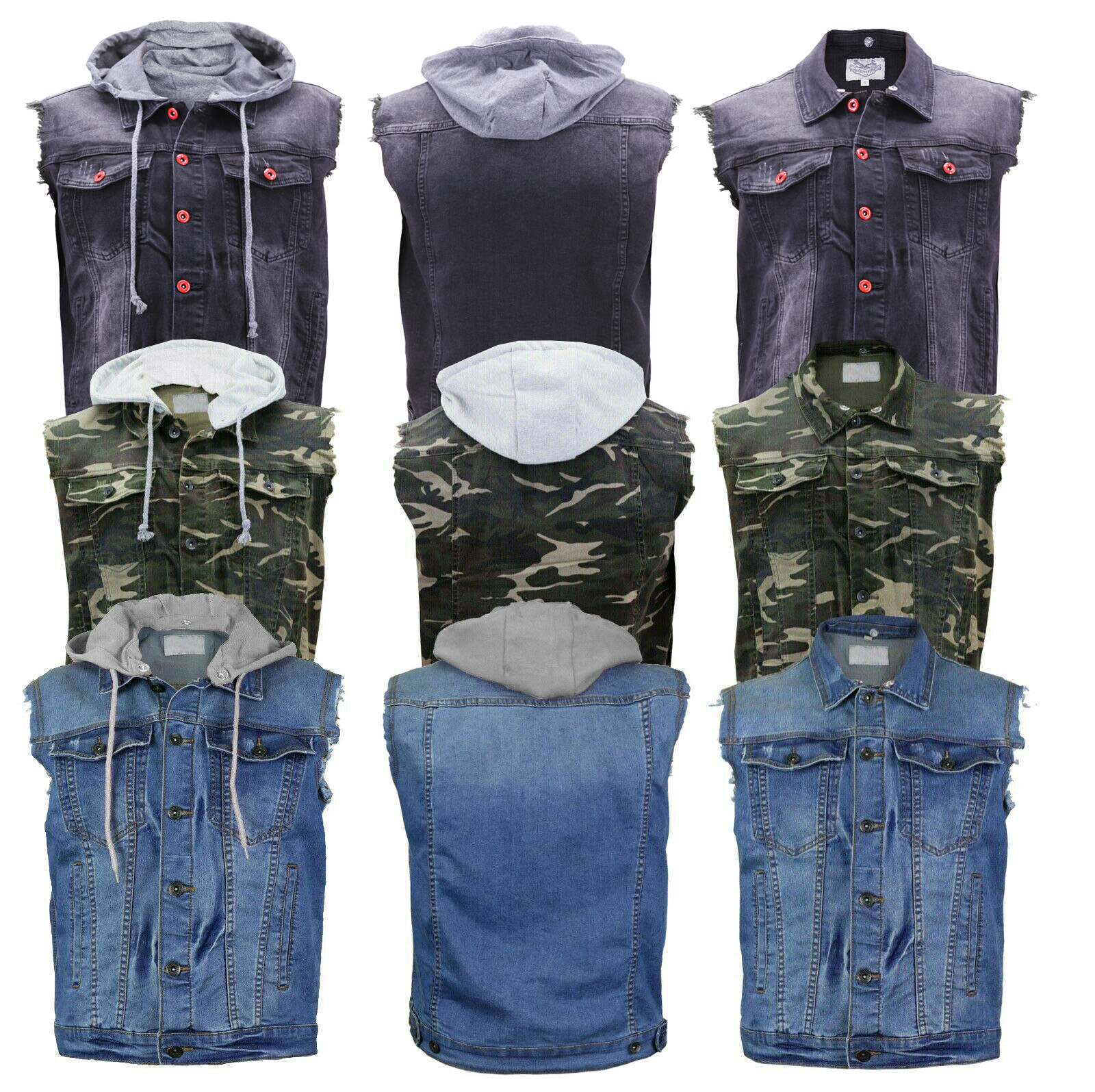 Men’s Distressed Button Up Slim Fit Denim Vest With Removable Drawstring Hood