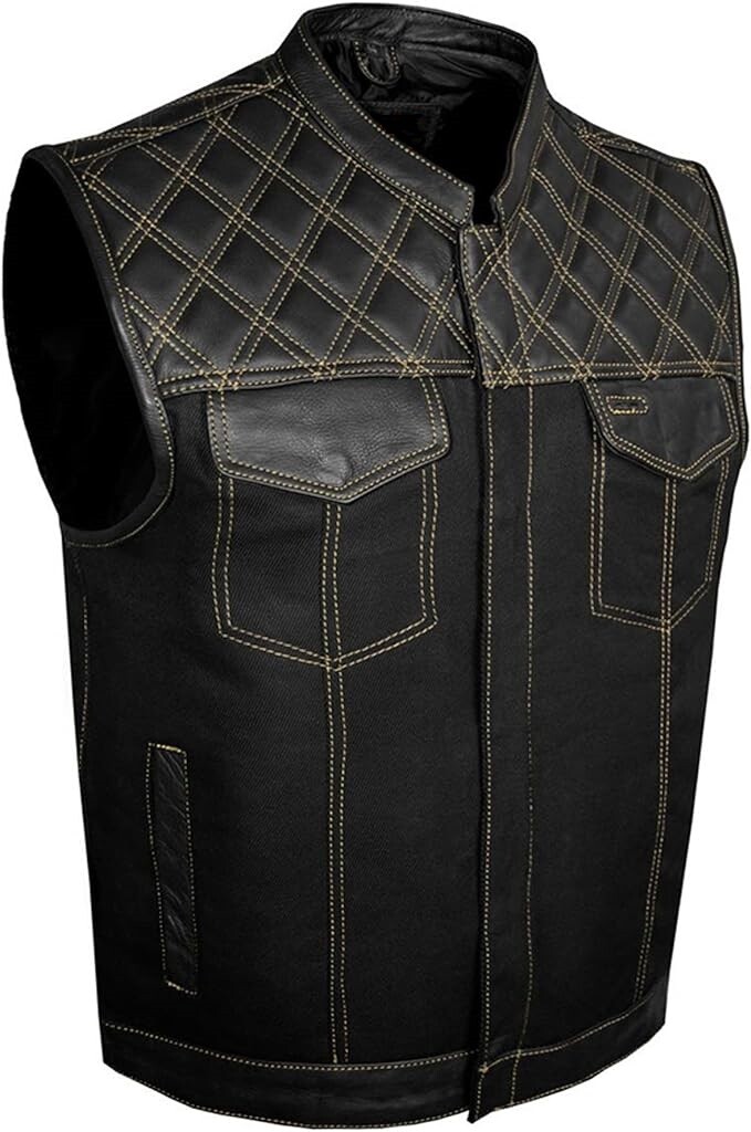 Men’s SOA Denim & Leather Vest Club Concealed Carry Gun Pockets Multicolor