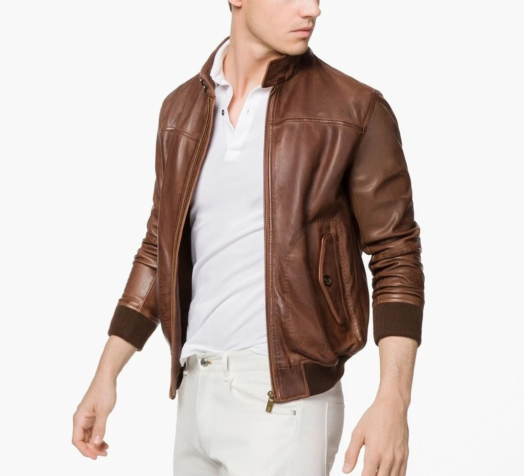 NEW Men’s Brown Genuine Lambskin Leather Bomber Motorcycle Jacket XS TO 3XL