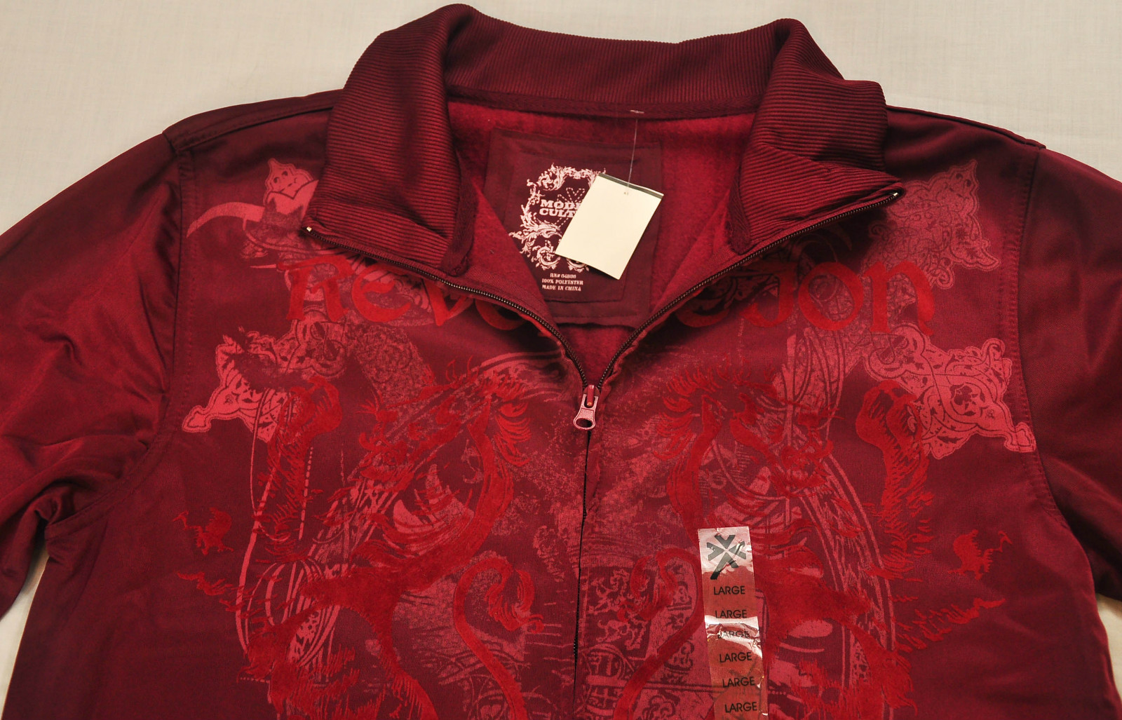 men’s Modern Culture jacket size large red zipper front collar printed design