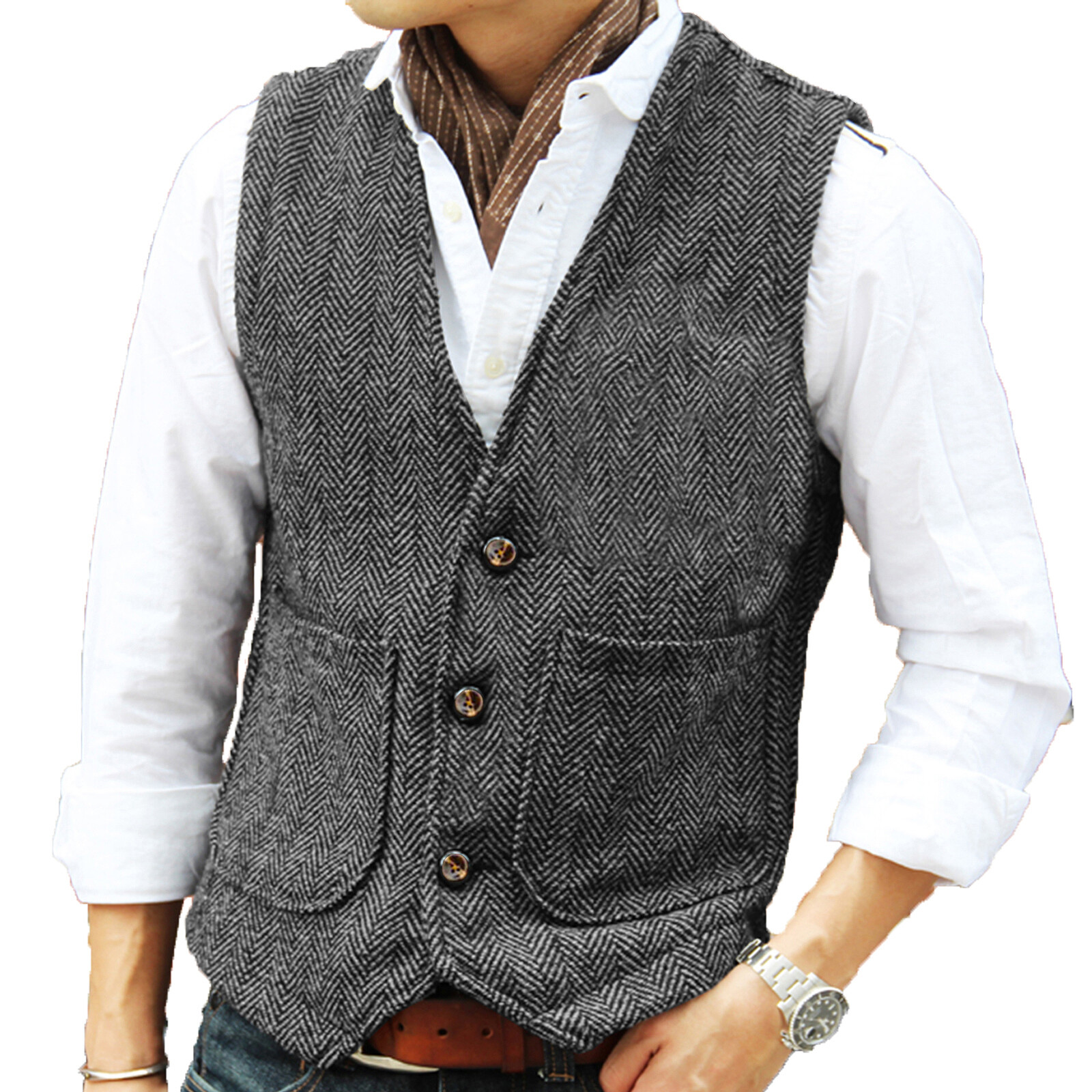 Hunting Classic Men Vintage Tweed Vest Herringbone Waistcoats Wedding Retro Wool