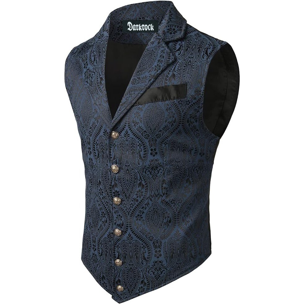 Men’s Victorian Blue Brocade Waistcoat Vest Jacquard Tuxedo Suit Vest/USA