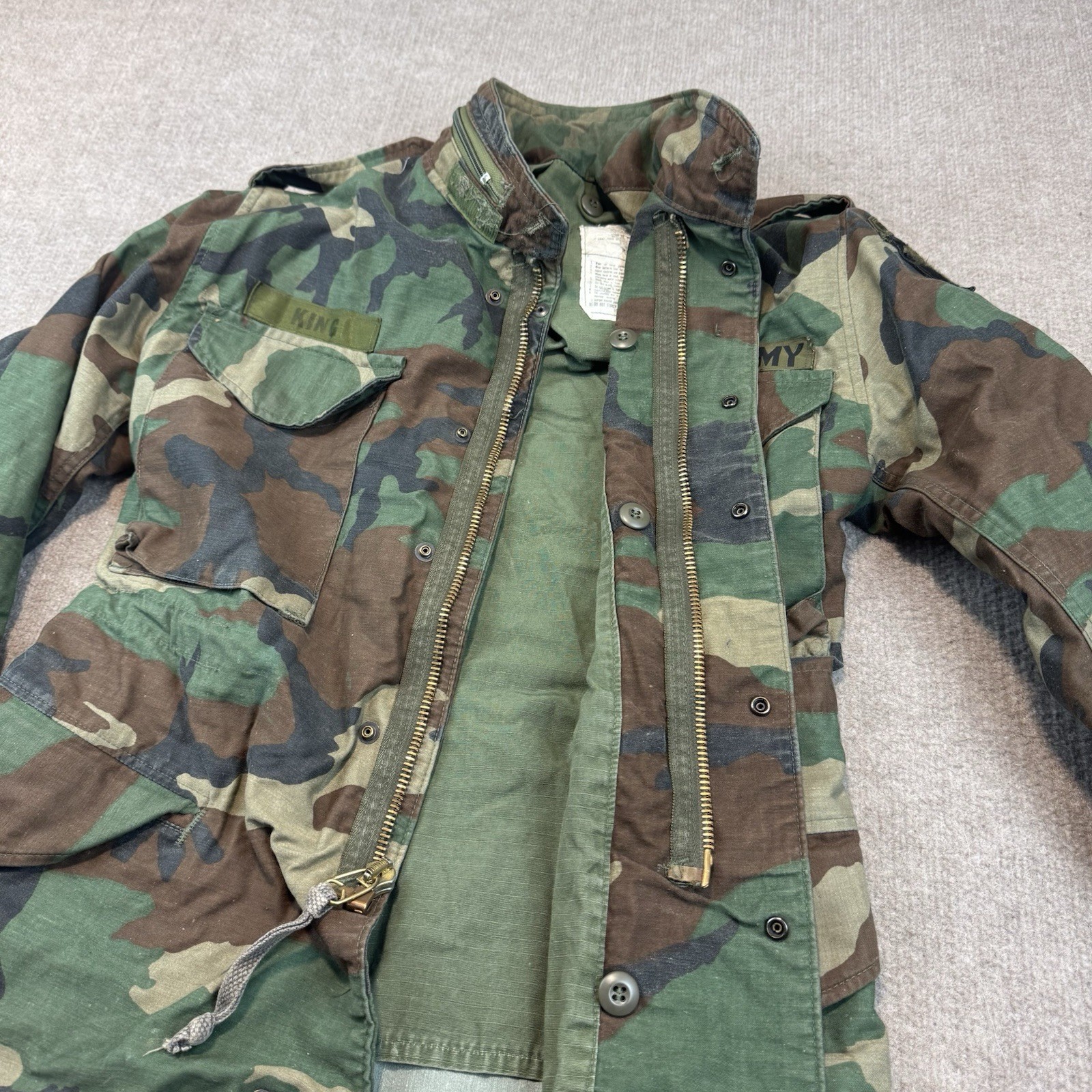 Vintage 80s US Army M65 Field Jacket Mens XS Short Camo Military Airborne Named