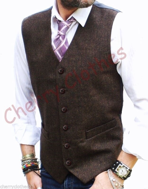 Mens Tweed Wool Blend Brown Fleck Waistcoat Vest Gilet- S M L Xl Xxl 3xl 4xl