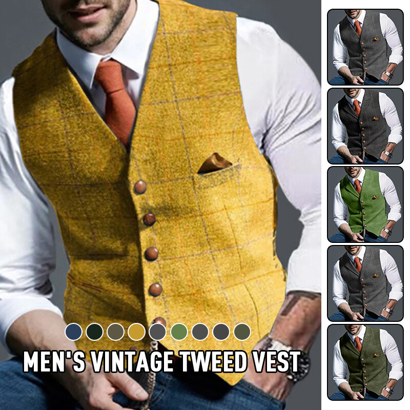 Men Retro Tweed Waistcoat Vest Wool Blend Formal Plaid Herringbone Slim Casual