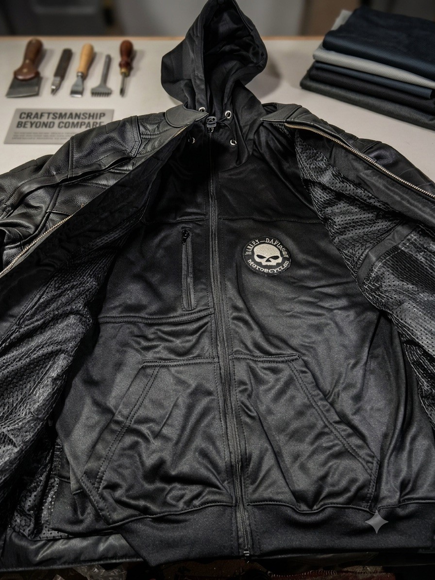 Harley Davidson Leather Jacket Men’s Black Hooded Willie G Skull Moto Riding