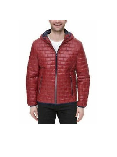 TOMMY HILFIGER Men’s Quilted Brick Hooded Puffer Jacket (Red, Large) NWT
