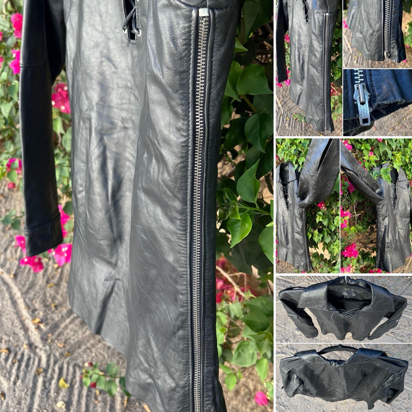 Black Leather Lace Up Pullover Shirt Talon Zip Western Biker Motorcycle M L Vtg