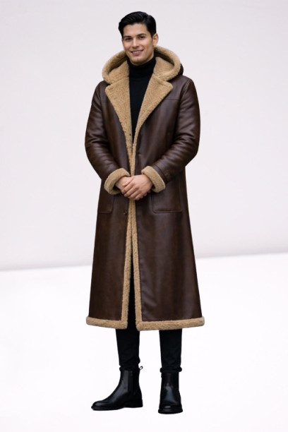 Men’s Genuine Sheepskin Leather Long Coat Fur Lined Winter Jacket Winter Overcoa