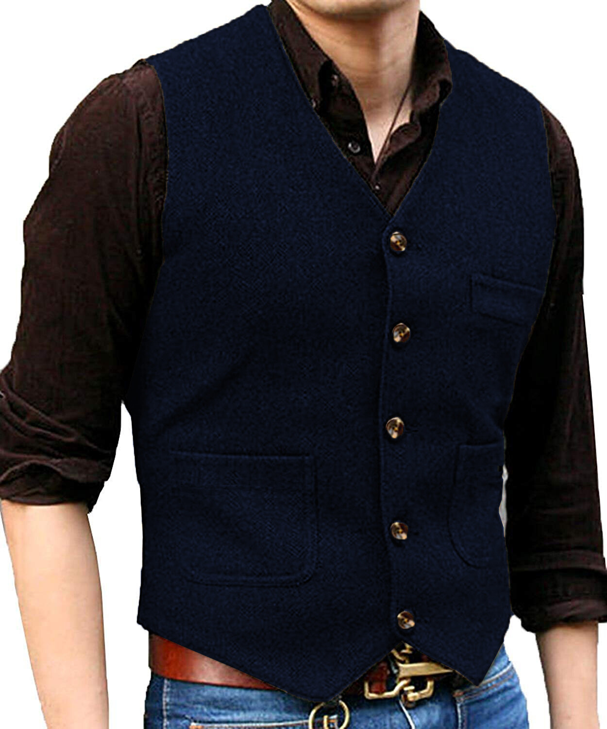 Men Suit Herringbone Waistcoat Tweed Vest Wedding Vintage Wool Groomsman Hunting
