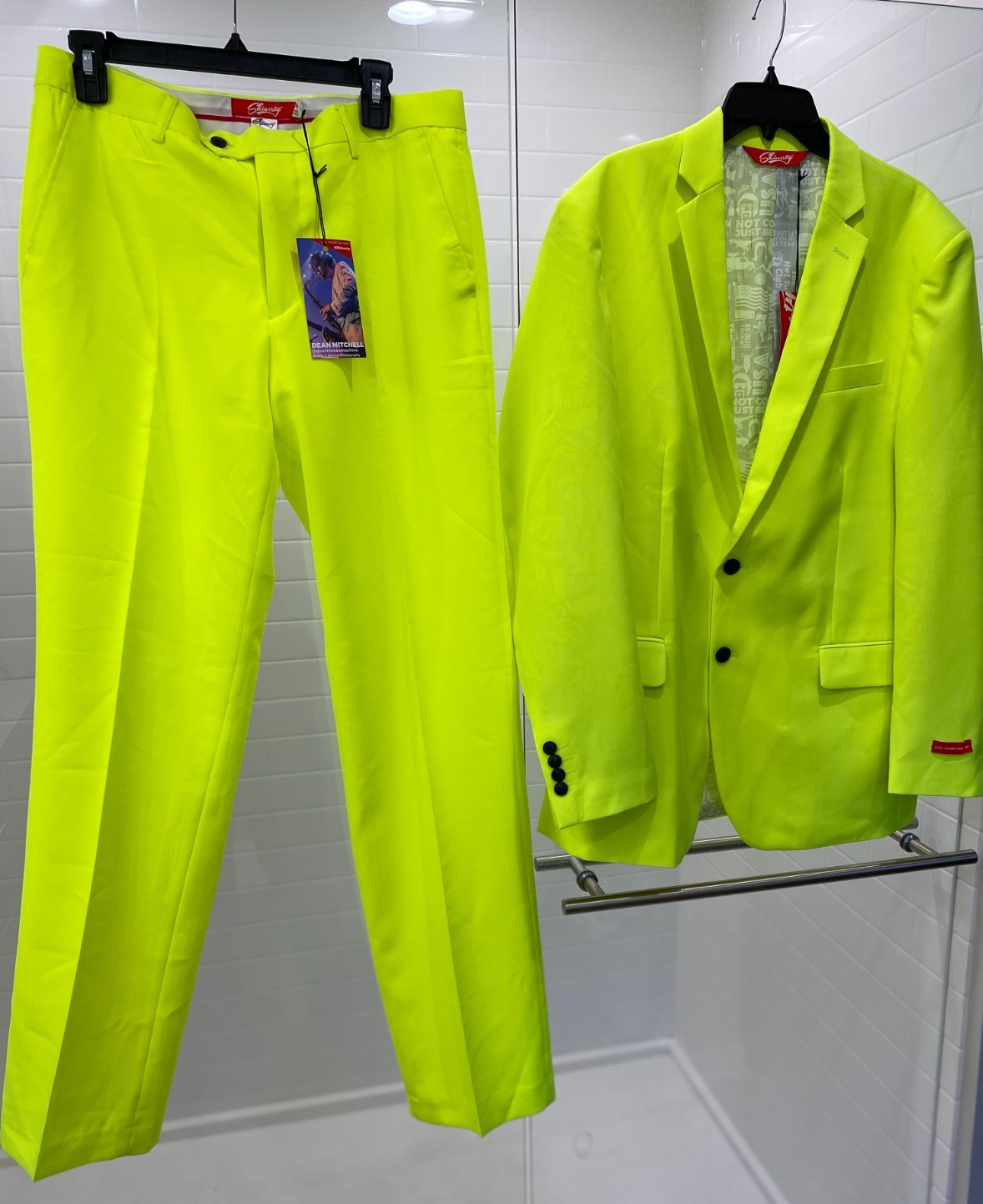 NEW SOLD OUT SHINESTY NEON yellow “STAY WEIRD & SHINE ON” MENS SUIT 44 Pant33/34